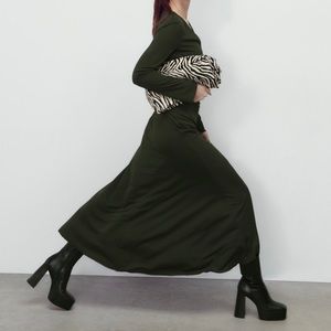 ZARA Olive Colored Zippered Long Dress Size XS